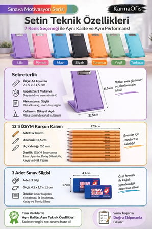 Lila Sekreterlik Seti + 12’li ÖSYM Kurşun Kalem + 3 Sınav Silgisi | Sınav Hazırlık Seti