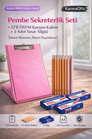 Pembe Sekreterlik Seti + 12’li ÖSYM Kurşun Kalem + 3 Sınav Silgisi | Sınav Hazırlık Seti