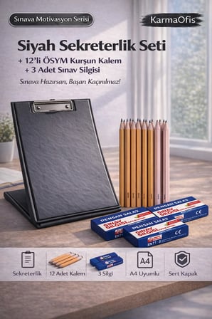 Siyah Sekreterlik Seti + 12’li ÖSYM Kurşun Kalem + 3 Sınav Silgisi | Sınav Hazırlık Seti