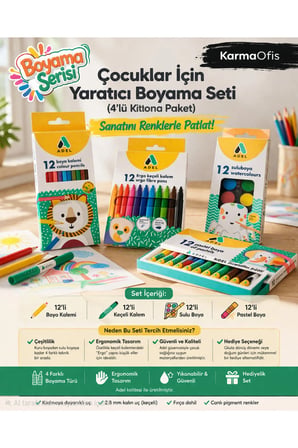 4’lü Boyama Seti 12’li Boya Kalemi + Keçeli Kalem+Sulu Boya+Pastel Boya | Yaratıcı Boyama Seti