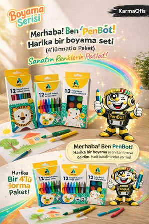 4’lü Boyama Seti 12’li Boya Kalemi + Keçeli Kalem+Sulu Boya+Pastel Boya | Yaratıcı Boyama Seti