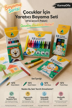 4’lü Boyama Seti 12’li Boya Kalemi + Keçeli Kalem+Sulu Boya+Pastel Boya | Yaratıcı Boyama Seti