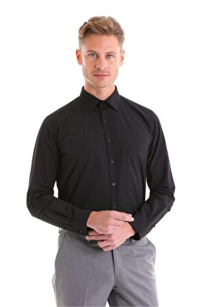 Erkek Siyah Slim Fit Pamuklu Uzun Kollu Gömlek