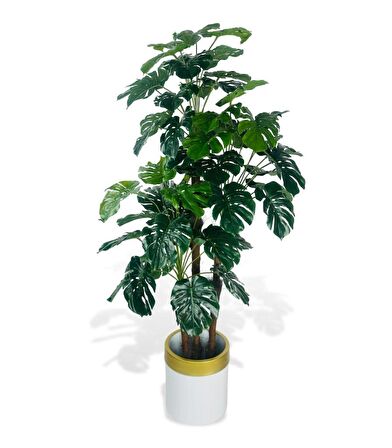 Yapay Çiçek Monstera Yeşil Deve Tabanı 3Katlı 135cm 54Yaprak Gold Kemerli Beyaz Saksıda Yapay Bitki