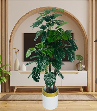 Yapay Çiçek Monstera Yeşil Deve Tabanı 3Katlı 135cm 54Yaprak Gold Kemerli Beyaz Saksıda Yapay Bitki