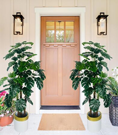 Yapay Çiçek Monstera Yeşil Deve Tabanı 3Katlı 135cm 54Yaprak Gold Kemerli Beyaz Saksıda Yapay Bitki