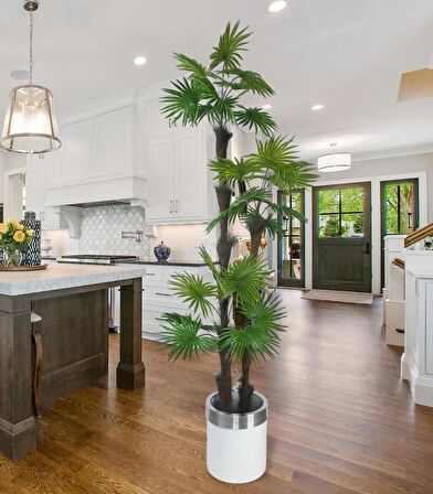 Yapay Ağaç Palmiye Fanpalm 3Katlı 24Yaprak Gümüş Kemerli Beyaz Saksıda 165*65cm