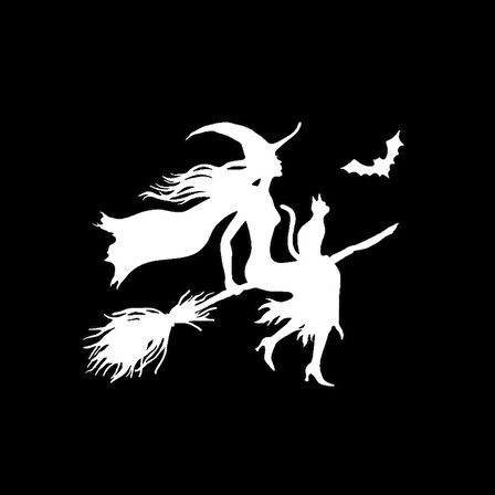 Komik Süpürgeli Cadı ve kedisi araba sticker etiket 18cm Beyaz