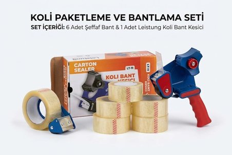 ŞeyliŞeyler - Koli Bandı Seti 6 Adet 45 mm x 100 m Hotmelt Şeffaf Koli Bandı ve 1 Adet Koli Bant Kesme Makinesi Seti