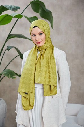 İpekhan Kazayağı Desen Jakar Şal Yağ Yeşili