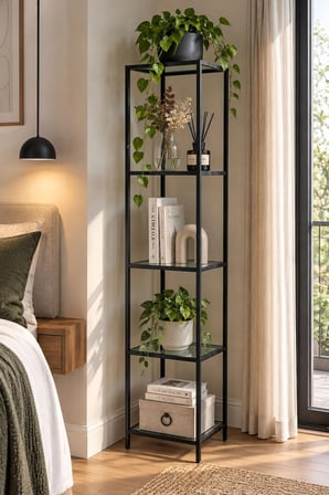  Siyah Çerçeveli Füme Cam Modern Salon Kitaplığı 40 cm