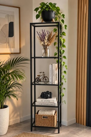  Siyah Çerçeveli Füme Cam Modern Salon Kitaplığı 40 cm