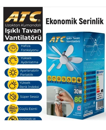 Atc Uzaktan Kumandalı Işıklı Tavan Vantilatörü E27 – 6 Kanatlı LED Tavan Fanı, 3 Renk Işık, 3 Kademe Rüzgar Hızı