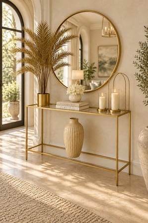 Teknor Şeffaf Camlı Gold Metal Konsol 100 cm Modern Salon Dresuar