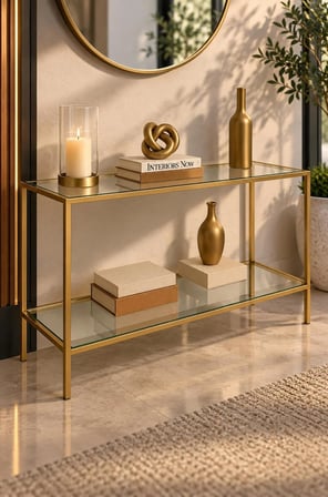 Teknor Şeffaf Camlı Gold Metal Konsol 100 cm Modern Salon Dresuar