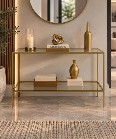 Teknor Şeffaf Camlı Gold Metal Konsol 100 cm Modern Salon Dresuar