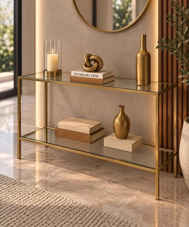 Teknor Şeffaf Camlı Gold Metal Konsol 100 cm Modern Salon Dresuar