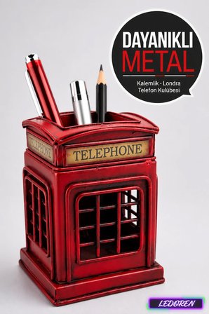 Dekoratif Metal Londra Telefon Kulübesi Kalemlik Kırmızı Masaüstü Ofis Hediyelik 1110MV-809