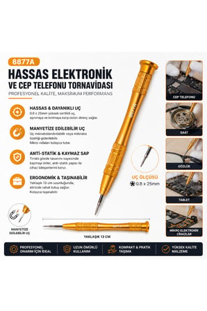 8877A 0.8x25mm Hassas Cep Telefonu Ve Elektronik Tamir Tornavidası Alüminyum Saplı 13 Cm
