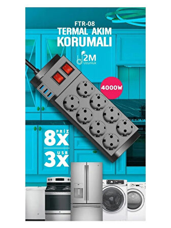 BLİC FTR-08-Isıya Dayanıklı Termal Akım Korumalı 2 Metre 16A 4000 W 8 Li Uzatma Kablolu Priz 3x USB Girişli