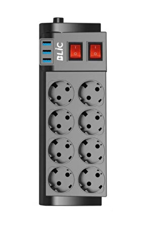 BLİC FTR-08-Isıya Dayanıklı Termal Akım Korumalı 2 Metre 16A 4000 W 8 Li Uzatma Kablolu Priz 3x USB Girişli