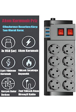 BLİC FTR-08-Isıya Dayanıklı Termal Akım Korumalı 2 Metre 16A 4000 W 8 Li Uzatma Kablolu Priz 3x USB Girişli