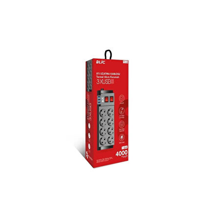 BLİC FTR-08-Isıya Dayanıklı Termal Akım Korumalı 2 Metre 16A 4000 W 8 Li Uzatma Kablolu Priz 3x USB Girişli