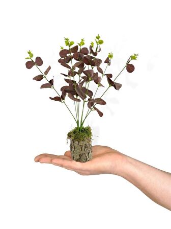 Yapay Çiçek Kütük Saksılı Okaliptus Dekoratif Masa Çiçeği Kahverengi