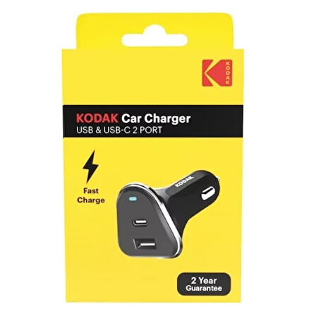 Kodak Car Charger Usb ve Usb-C 2 Port Araç Şarj Çakmak Giriş