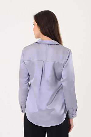 Kadın Hafif Dökümlü Gri Saten Gömlek