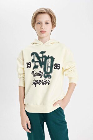 DeFacto Erkek Çocuk Oversize Geniş Kalıp Kapüşonlu Yazı Baskılı Kalın Sweatshirt C9280A824AUER138