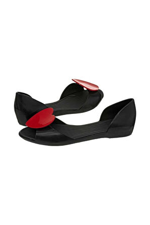 Mel By Melissa Fresh IV 32108 Black Red Siyah Kırmızı Kalp Detaylı  Önü Açık Babet PVC Kadın Ayakkabı