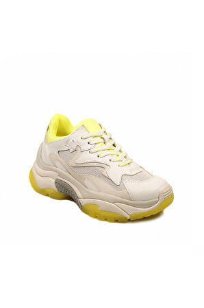 Ash Addict Beyaz Neon Sarı Rengi Deri Yüksek Tabanlı Kadın Sneaker