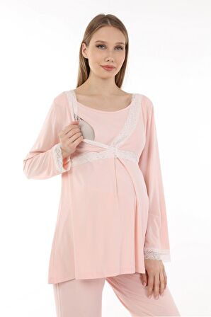 Luvmabelly MYRA9706 Dantelli Emzirme Hamile Pijama Takımı -Pembe