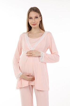 Luvmabelly MYRA9706 Dantelli Emzirme Hamile Pijama Takımı -Pembe