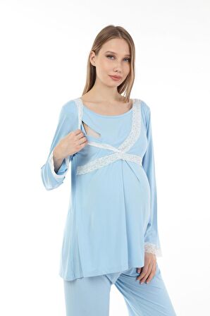 Luvmabelly MYRA9707 Dantelli Emzirme Hamile Pijama Takımı -Mavi