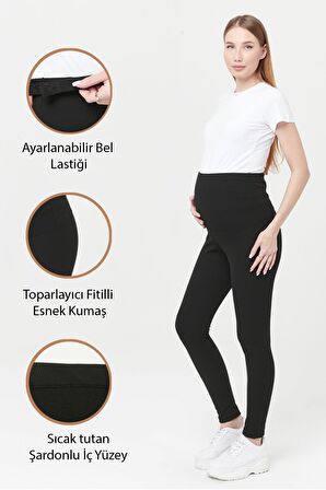 Luvmabelly MYRA8068 Toparlayıcı Fitilli Termal İçi Şardonlu Sıcak Tutan Beli Ayarlanabilir Hamile Tayt -Siyah