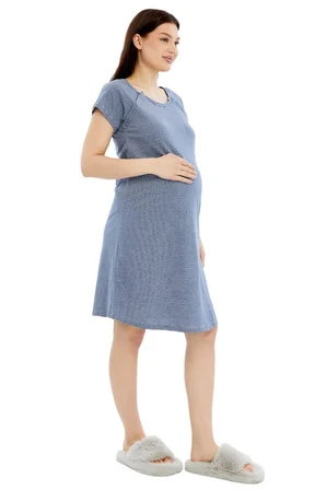 Luvmabelly MYRA9585 Yandan Çıt Çıtlı Hamile Geceliği - Mor Çizgili