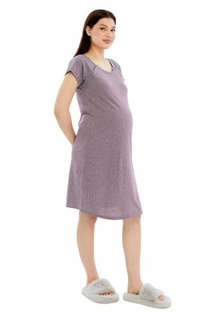 Luvmabelly MYRA9585 Yandan Çıt Çıtlı Hamile Geceliği - Mor Çizgili