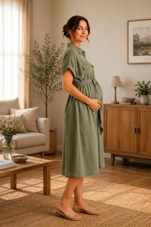 Luvmabelly MYRA5860 – Doğal Yumuşacık Müslin kumaş - Yazlık Gömlek Hamile Elbise - Yeşil