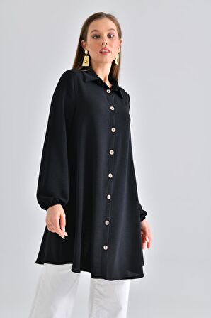 Siyah Ahşap Düğmeli Tunik
