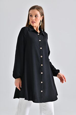 Siyah Ahşap Düğmeli Tunik