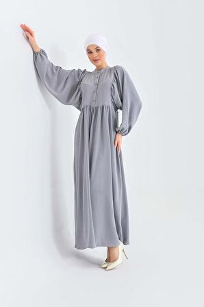 Gri C Yaka Yarım Patlı T Kol Elbise