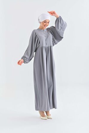 Gri C Yaka Yarım Patlı T Kol Elbise