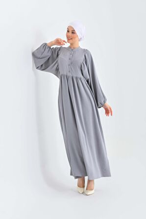 Gri C Yaka Yarım Patlı T Kol Elbise