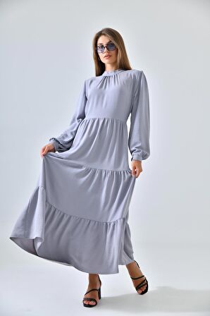 Gri Dik Yaka Büzgü Detaylı Kat Kat Elbise