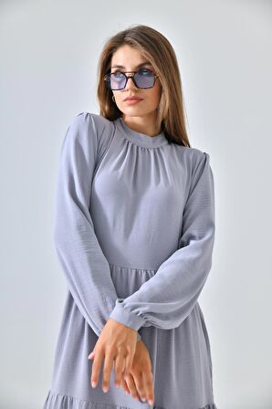Gri Dik Yaka Büzgü Detaylı Kat Kat Elbise