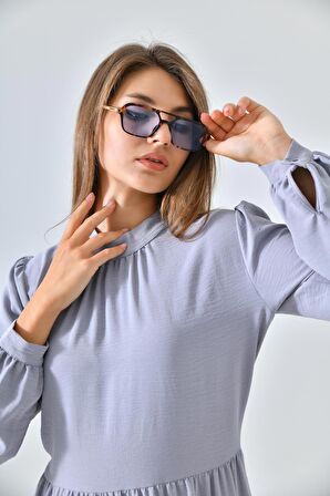 Gri Dik Yaka Büzgü Detaylı Kat Kat Elbise