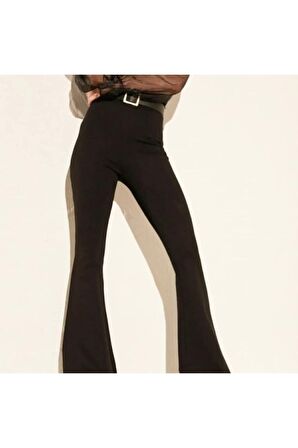 Kadın Siyah Yüksek Bel Ispanyol Paça Çelik Interlok Tayt
