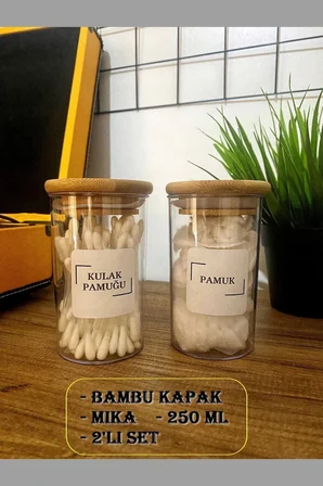 Ahşap Vakumlu Bambu Kapaklı Kulak Pamuğu Ve Pamuk Kavanozu Cam 2 Li Set